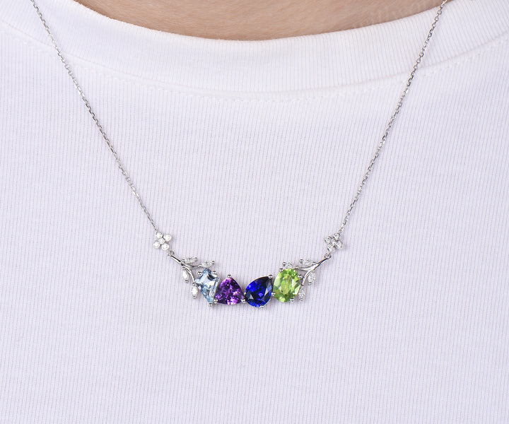 Nature Inspired Aqumarine Amethyst Sapphire Peridot Necklace Leaf Twig Pendant Unique Family Bestie Birthstone Necklace