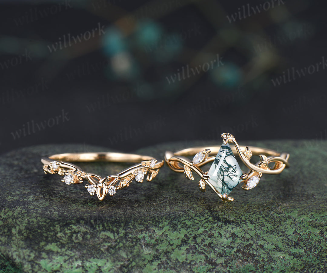 Kite cut natural moss agate infinity engagement ring set split shank moissanite leaf ring celtic knot wedding band bridal set