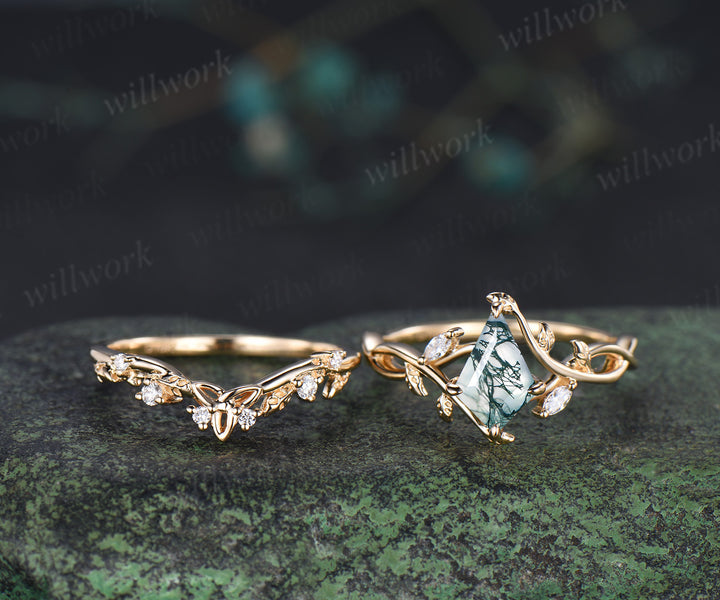 Kite cut natural moss agate infinity engagement ring set split shank moissanite leaf ring celtic knot wedding band bridal set