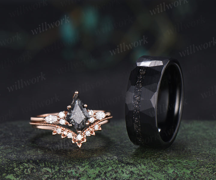 Kite Cut Black Rutilated Quartz Engagement Ring Set & Black Tungsten Hammered Mens Ring His & Her Couple Rings