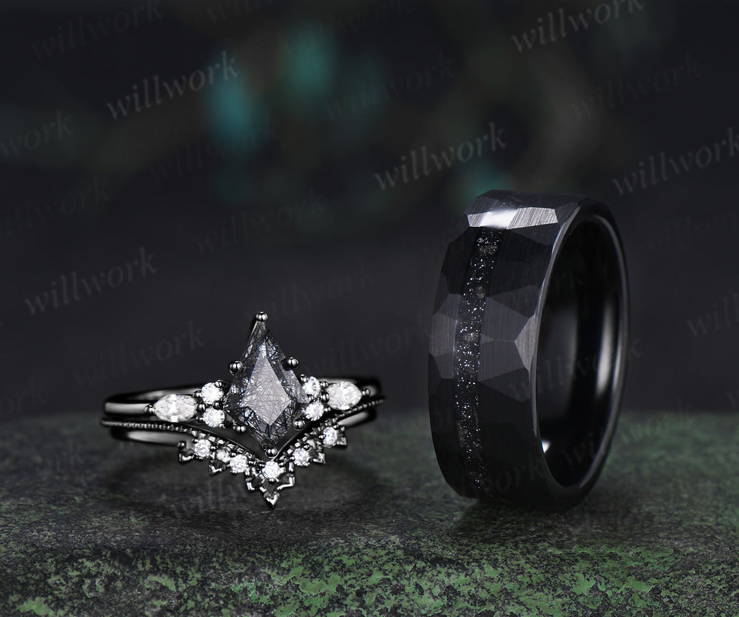 Kite Cut Black Rutilated Quartz Engagement Ring Set & Black Tungsten Hammered Mens Ring His & Her Couple Rings