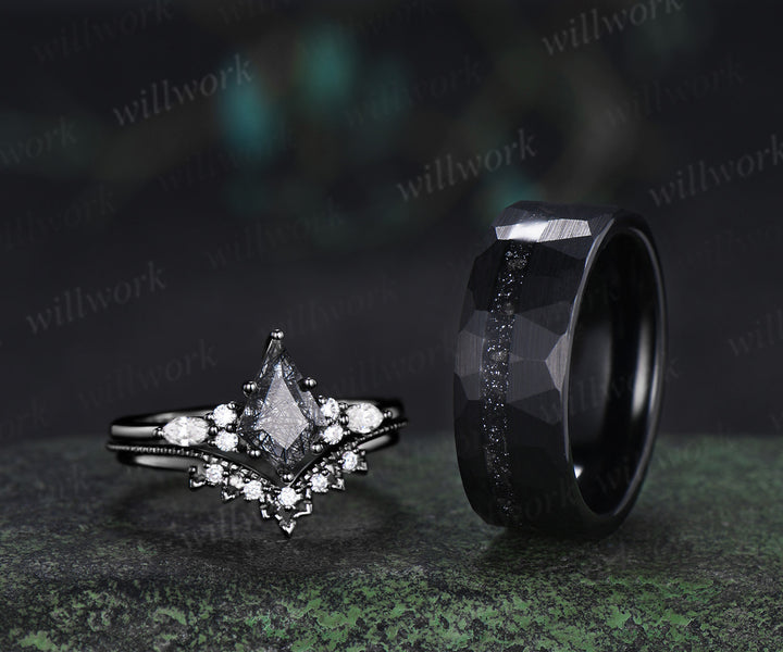 Kite Cut Black Rutilated Quartz Engagement Ring Set & Black Tungsten Hammered Mens Ring His & Her Couple Rings
