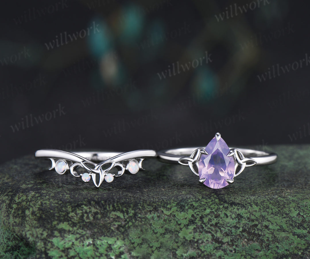 Unique pear lavender amethyst engagement ring set Celtic Knot Norse Viking ring band vintage moissanite wedding ring set