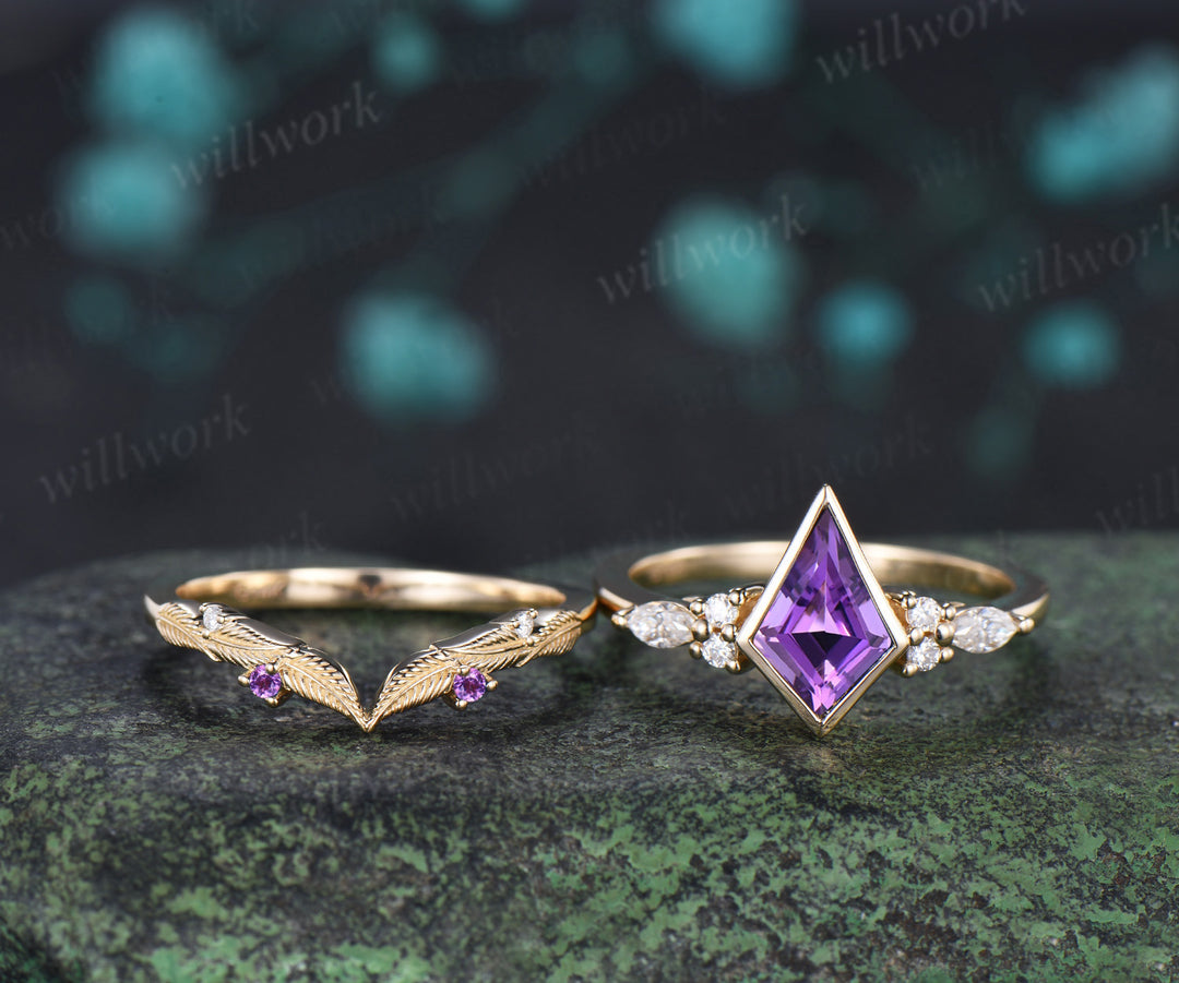 Kite cut amethyst engagement ring bezel setting seven stone ring leaf amethyst matching band bridal set