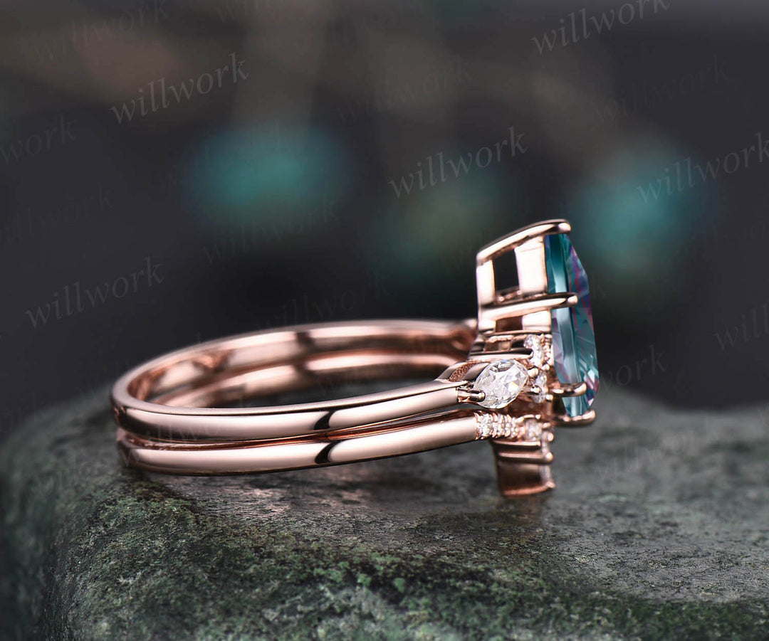 Kite Fantasy Cut Alexandrite Engagement Ring Set Moissanite Accent Seven Stone Promise Ring Curved Crown Wedding Band Unique Bridal Set