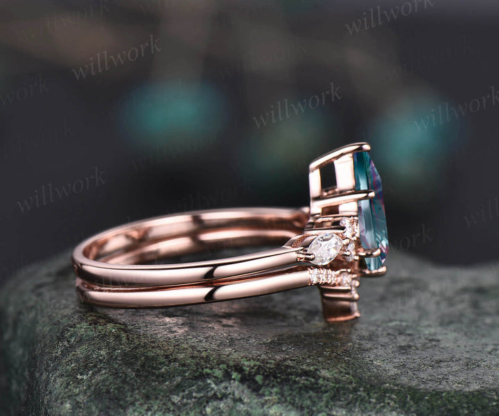 Kite Fantasy Cut Alexandrite Engagement Ring Set Moissanite Accent Seven Stone Promise Ring Curved Crown Wedding Band Unique Bridal Set
