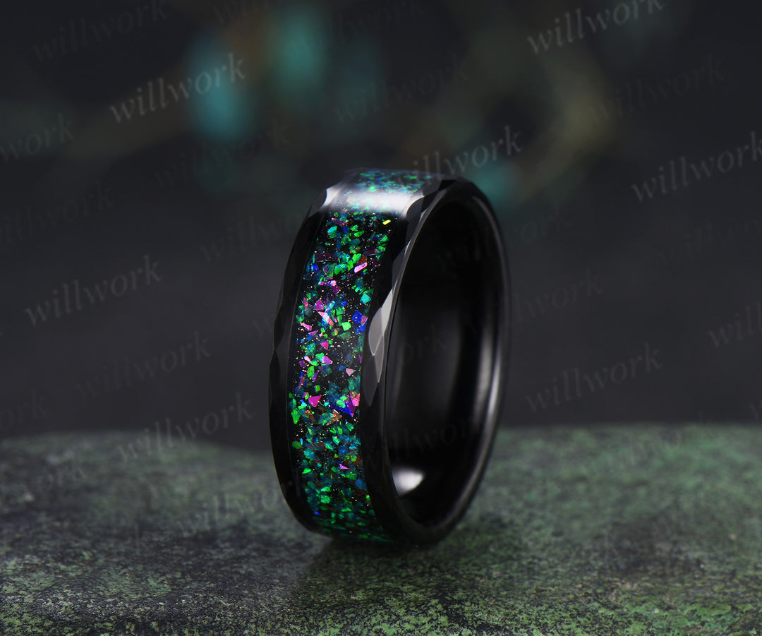 Kite Cut Black Opal Twig Leaf Ring & Tungsten Black Opal Inlay Hammered Mens Ring His & Her Couple Rings