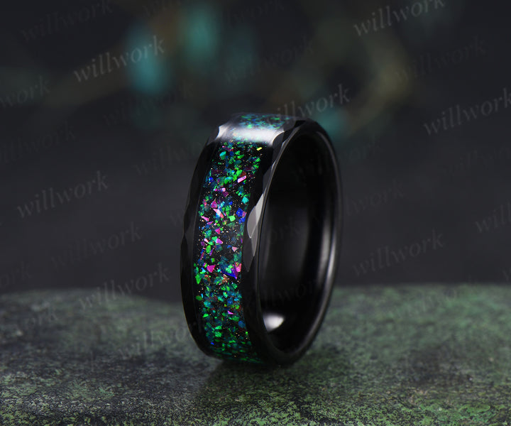 Kite Cut Black Opal Twig Leaf Ring & Tungsten Black Opal Inlay Hammered Mens Ring His & Her Couple Rings