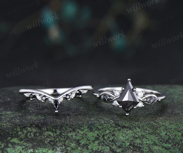 Kite cut salt and pepper diamond engagement ring set marquise black rutilated quartz seven stone ring black spinels wedding band unique bridal set