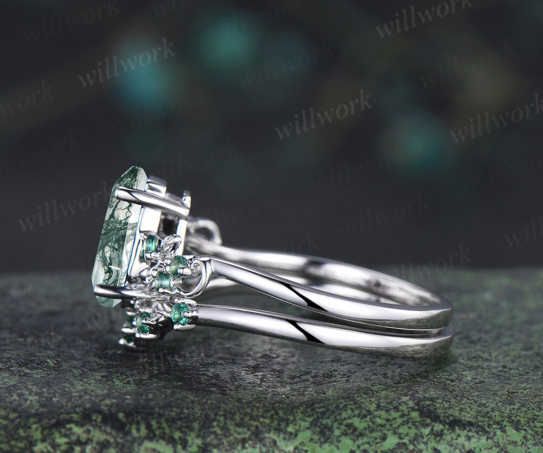 Unique coffin cut natural moss agate engagement ring set leaf inspired emeralds accent ring matching band bridal set
