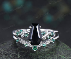 Coffin cut natural black onyx engagement ring set leaf inspired emeralds accent ring wedding band unique bridal set