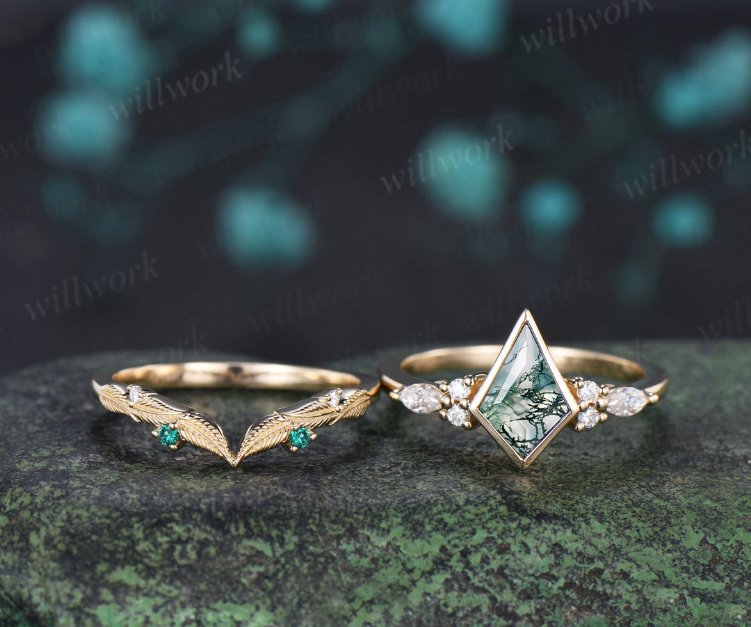 Kite cut moss agate engagement ring bezel setting seven stone ring leaf moissanite cluser matching band bridal set