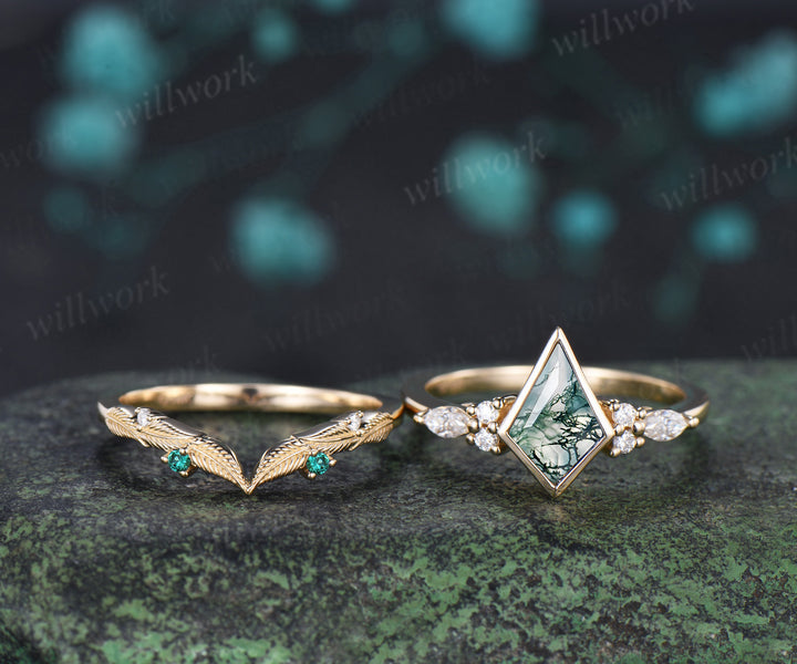 Kite cut moss agate engagement ring bezel setting seven stone ring leaf moissanite cluser matching band bridal set