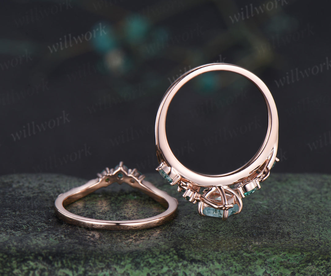 Vintage kite cut moss agate engagement ring set leaf marquise emerald moss agate ring wedding band nature inspired bridal set