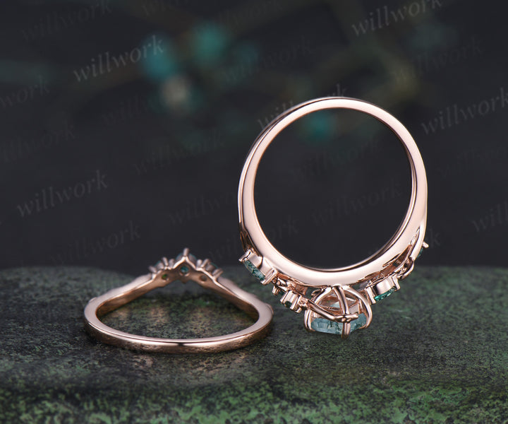 Vintage kite cut moss agate engagement ring set leaf marquise emerald moss agate ring wedding band nature inspired bridal set