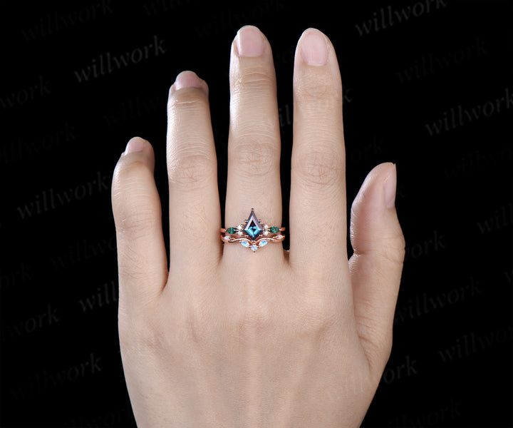 Kite cut Alexandrite engagement ring marquise cut emerald ring moostone opal wave wedding band unique wedding ring set