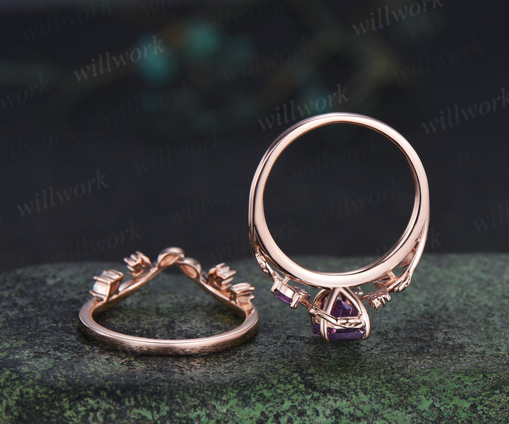 Coffin purple amethyst ring set marquise amethyst moissanite moon ring leaf band nature inspired bridal set