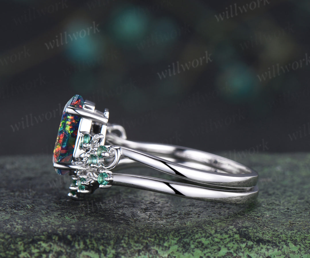 Unique coffin black fire opal engagement ring set leaf inspired emeralds accent ring wedding band nature inspired bridal set