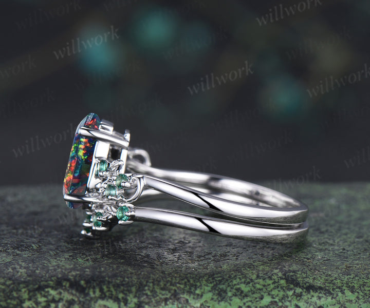 Unique coffin black fire opal engagement ring set leaf inspired emeralds accent ring wedding band nature inspired bridal set