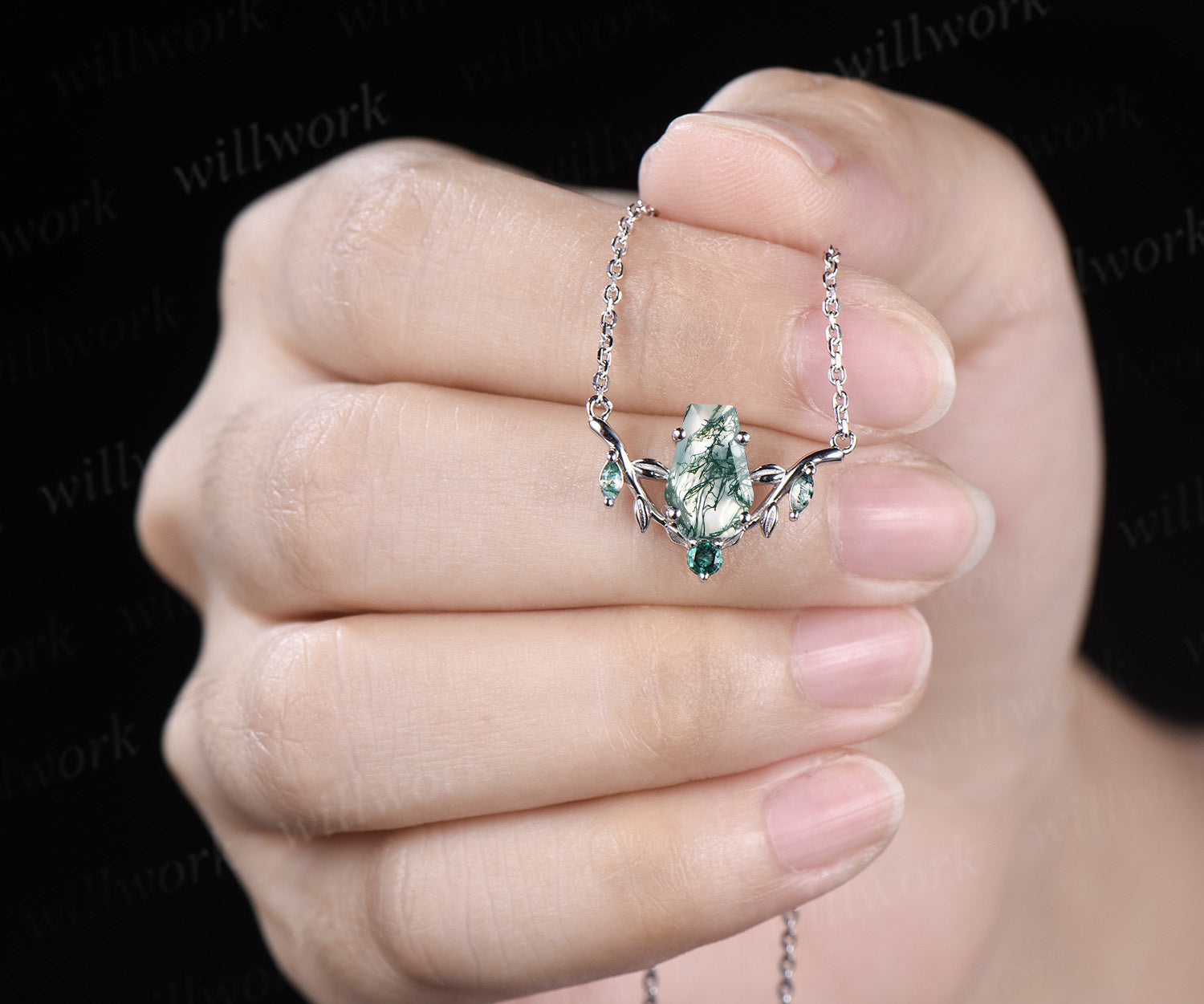 Unique coffin shaped natural moss agate necklace leaf twig nature