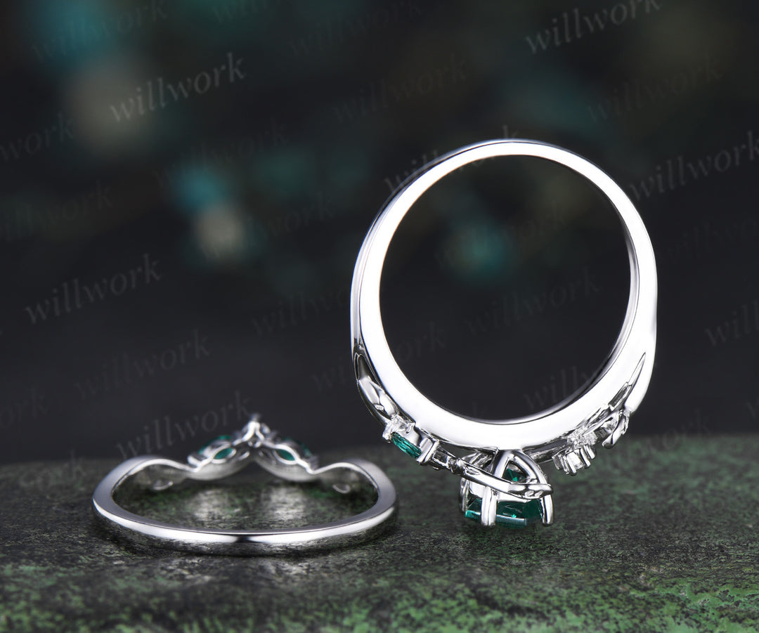 Kite cut emerald engagement ring set moon leaf nature inspired ring solid 14k white gold marquise emerald ring unique bridal set