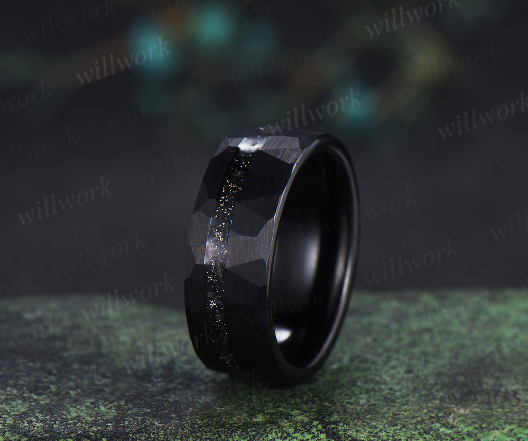 Kite Cut Black Rutilated Quartz Engagement Ring Set & Black Tungsten Hammered Mens Ring His & Her Couple Rings