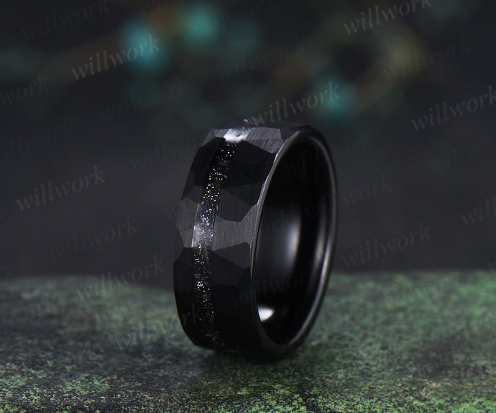 Kite Cut Black Rutilated Quartz Engagement Ring Set & Black Tungsten Hammered Mens Ring His & Her Couple Rings