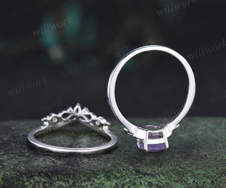 Unique pear lavender amethyst engagement ring set Celtic Knot Norse Viking ring band vintage moissanite wedding ring set