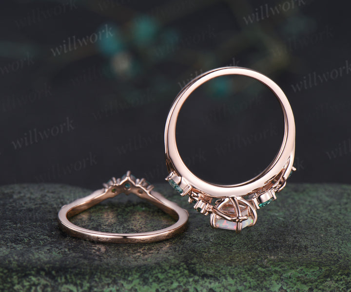 Vintage kite cut opal engagement ring set leaf twig emerald moss agate ring matching wedding band unique bridal set