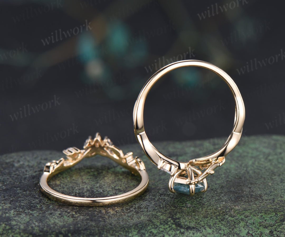 Kite cut natural moss agate infinity engagement ring set split shank moissanite leaf ring celtic knot wedding band bridal set