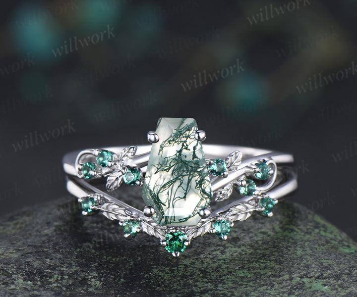 Unique coffin cut natural moss agate engagement ring set leaf inspired emeralds accent ring matching band bridal set