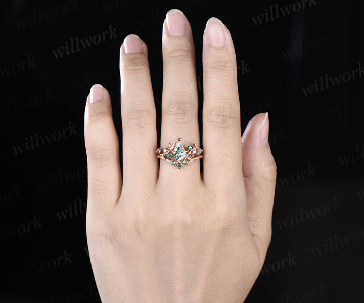 Vintage kite cut moss agate engagement ring set leaf marquise emerald moss agate ring wedding band nature inspired bridal set