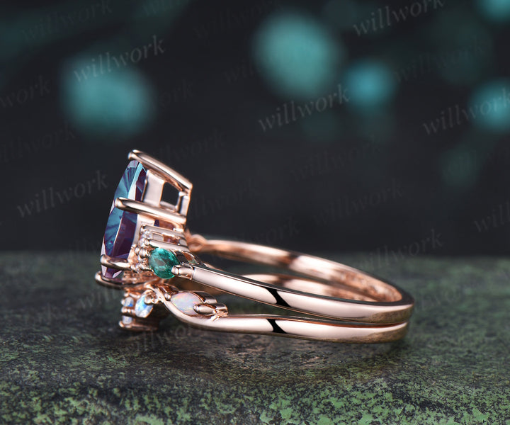 Kite Fantasy Cut Alexandrite Engagement Ring Marquise Emerald Ring  Moonstone Opal Band Unique Seven Stone Bridal Set