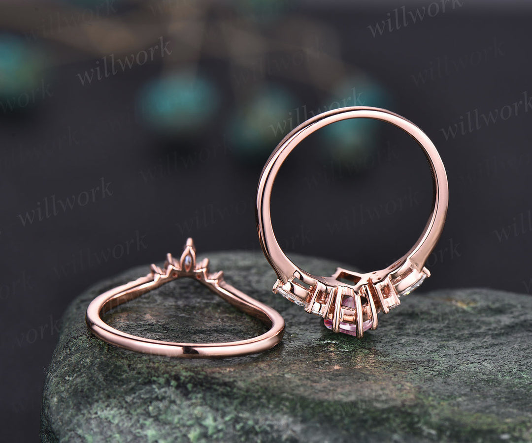 Vintage Kite Fantasy Cut Padparadscha Engagement Ring Set Seven Stone Promise Ring Marquise Moissanite Wedding Band Pink Sapphire Bridal Set