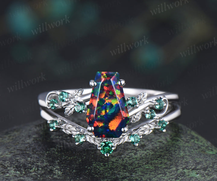 Unique coffin black fire opal engagement ring set leaf inspired emeralds accent ring wedding band nature inspired bridal set