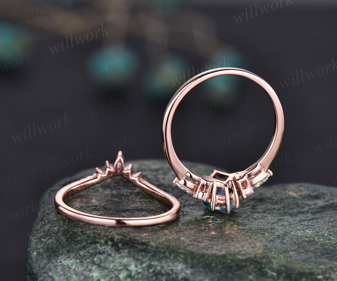 Kite Fantasy Cut Alexandrite Engagement Ring Set Moissanite Accent Seven Stone Promise Ring Curved Crown Wedding Band Unique Bridal Set