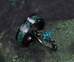 Kite Cut Black Opal Twig Leaf Ring & Tungsten Black Opal Inlay Hammered Mens Ring His & Her Couple Rings