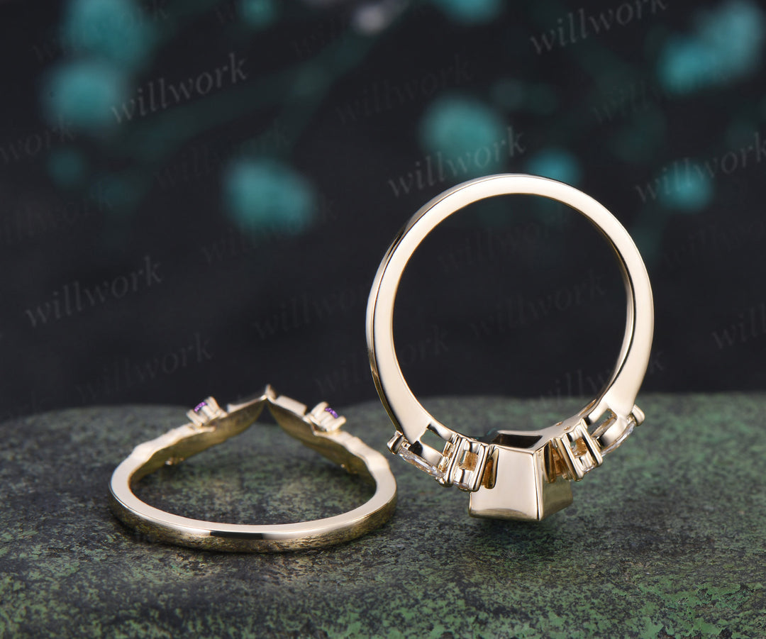 Kite cut amethyst engagement ring bezel setting seven stone ring leaf amethyst matching band bridal set