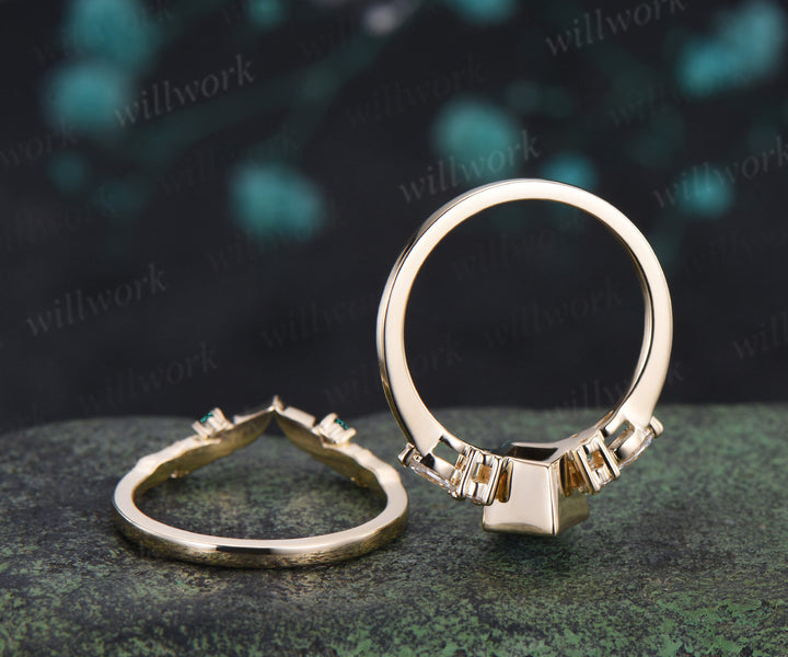 Kite cut moss agate engagement ring bezel setting seven stone ring leaf moissanite cluser matching band bridal set