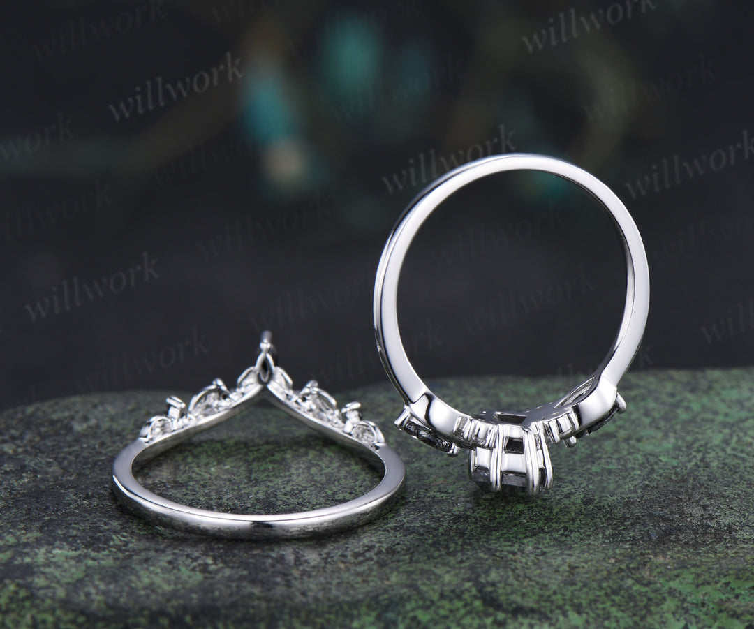 Kite cut salt and pepper diamond engagement ring set marquise black rutilated quartz seven stone ring black spinels wedding band unique bridal set