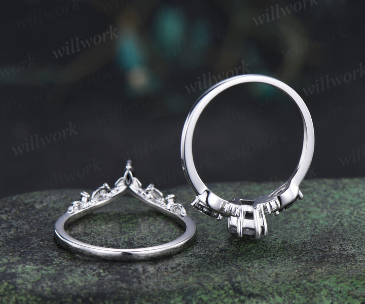 Kite cut salt and pepper diamond engagement ring set marquise black rutilated quartz seven stone ring black spinels wedding band unique bridal set