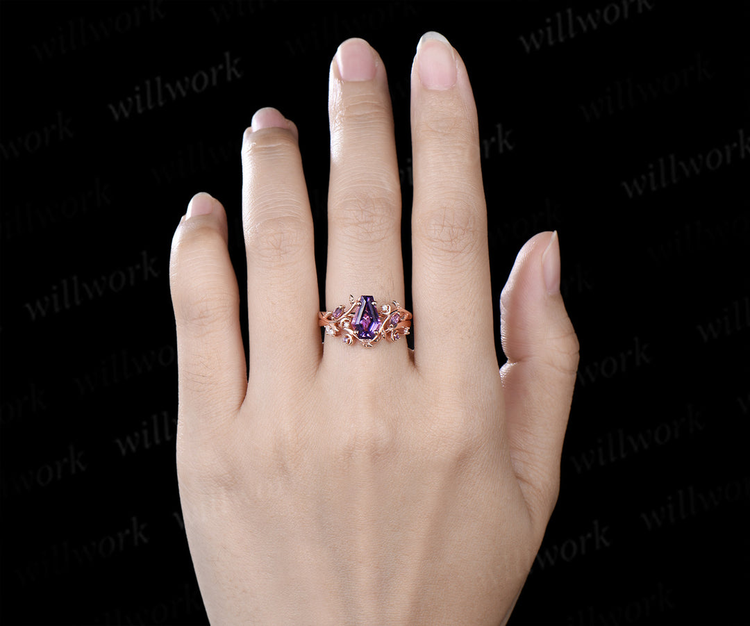 Coffin purple amethyst ring set marquise amethyst moissanite moon ring leaf band nature inspired bridal set