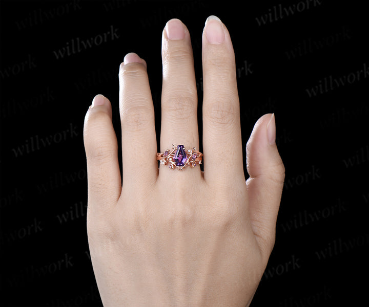 Coffin purple amethyst ring set marquise amethyst moissanite moon ring leaf band nature inspired bridal set