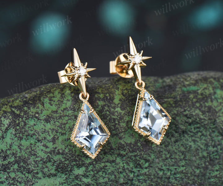 Kite Cut Natural Aquamarine Polaris Necklace Earrings Set Vintage Milgrain Aquamarine Moissanite Jewelry Set