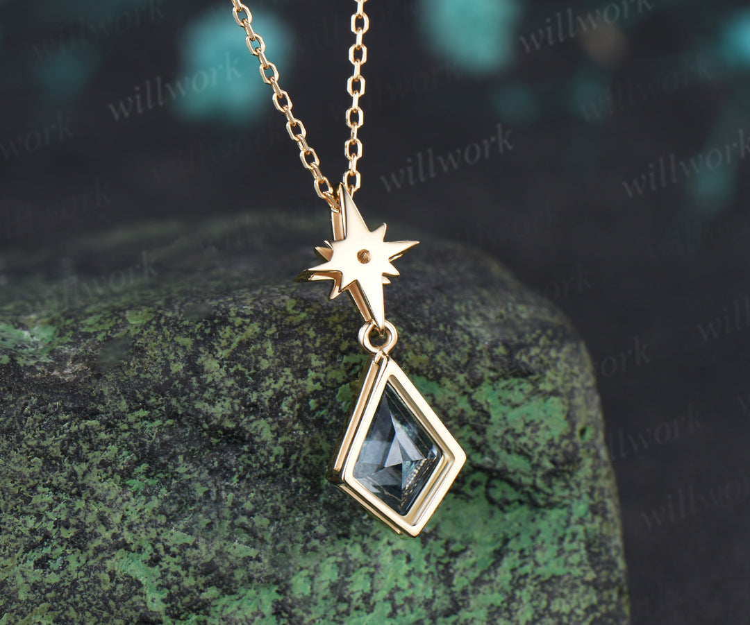 Kite Cut Natural Aquamarine Polaris Necklace Earrings Set Vintage Milgrain Aquamarine Moissanite Jewelry Set