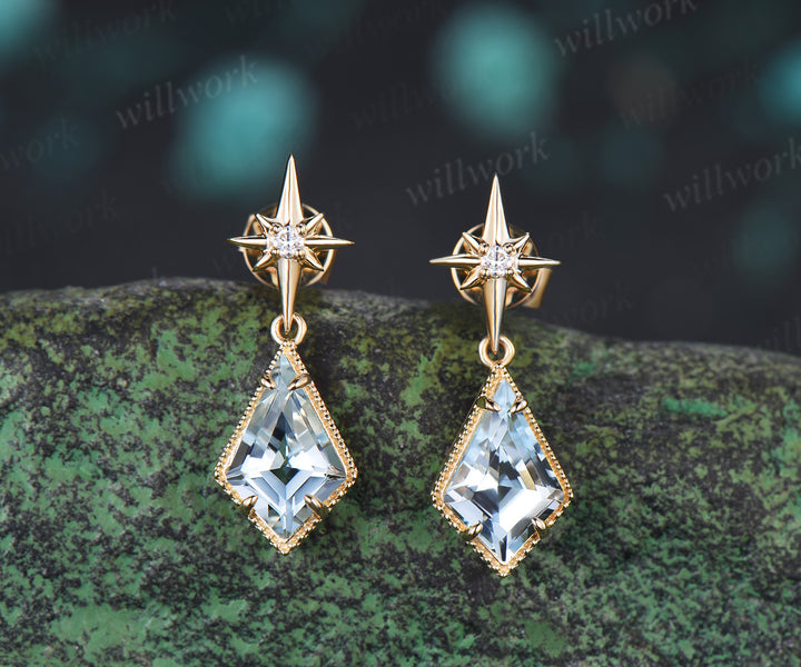 Kite Cut Natural Aquamarine Polaris Necklace Earrings Set Vintage Milgrain Aquamarine Moissanite Jewelry Set