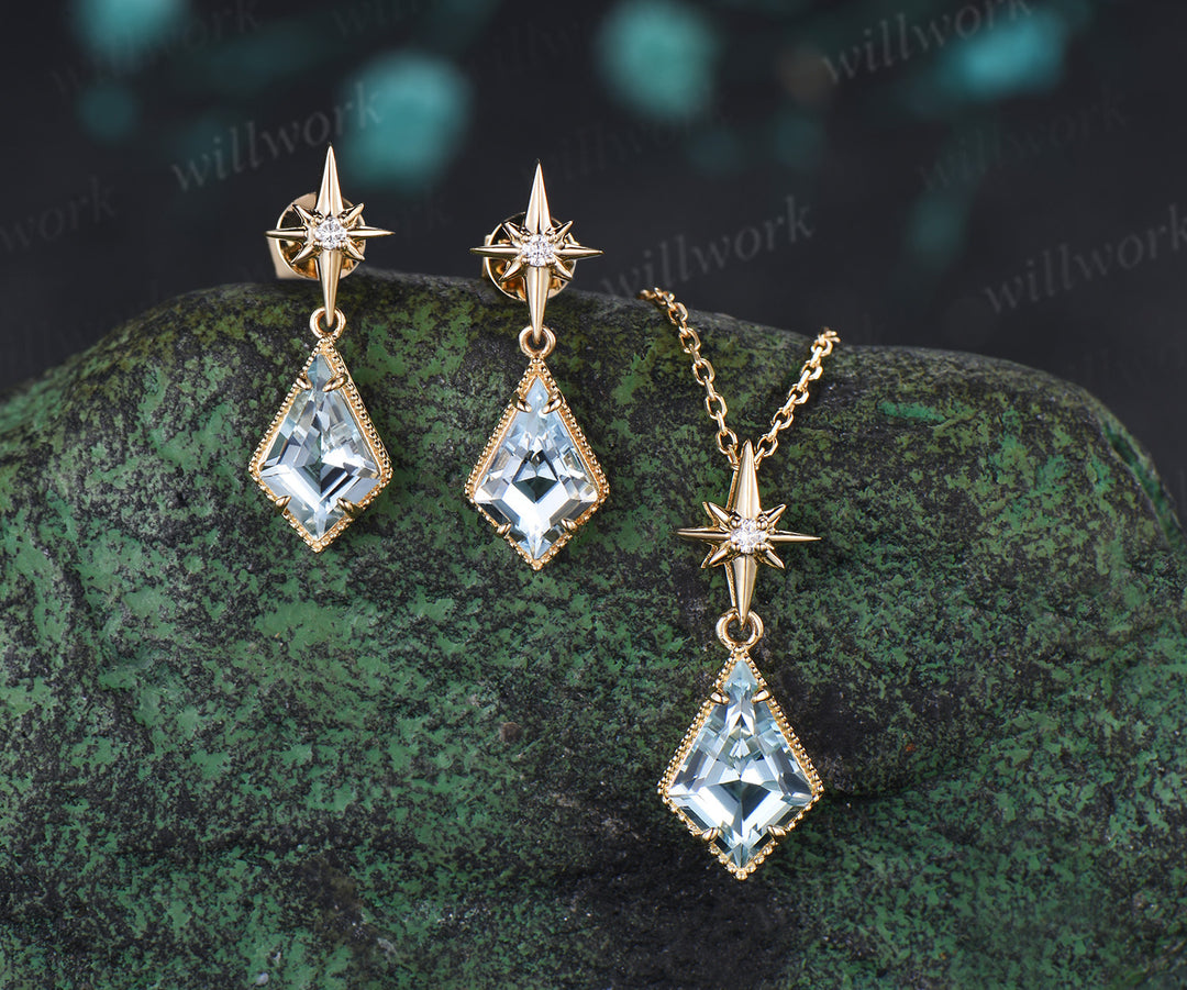 Kite Cut Natural Aquamarine Polaris Necklace Earrings Set Vintage Milgrain Aquamarine Moissanite Jewelry Set