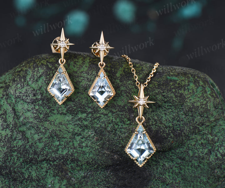 Kite Cut Natural Aquamarine Polaris Necklace Earrings Set Vintage Milgrain Aquamarine Moissanite Jewelry Set