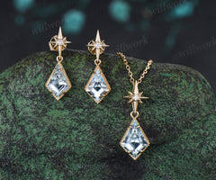 Kite Cut Natural Aquamarine Polaris Necklace Earrings Set Vintage Milgrain Aquamarine Moissanite Jewelry Set