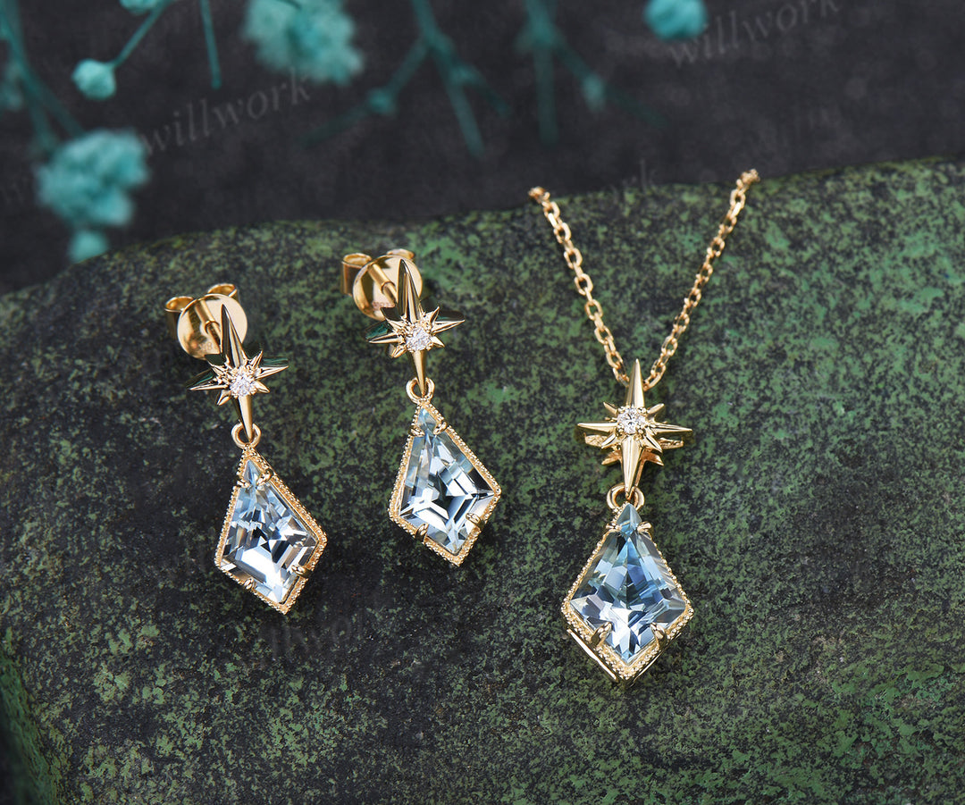 Kite Cut Natural Aquamarine Polaris Necklace Earrings Set Vintage Milgrain Aquamarine Moissanite Jewelry Set